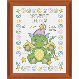 Herrschners Baby Sleepy Dragons Birth Record Counted Cross-Stitch Kit