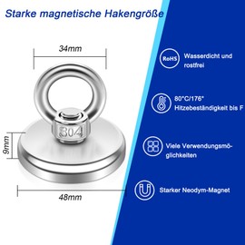 48 mm Magnets Extra Strong Large 80 kg+, Pack of 4 Magnetic Fishing Magnets with Hole, Neodymium Magnet Extra Strong with Lifting Rings and Screws for Magnetic Fishing Camping Industry Magnets Cruise