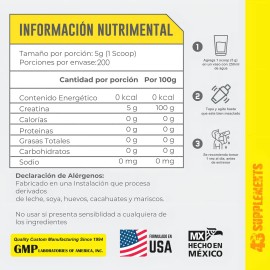 43 Supplements Creatina Monohidratada 1 Kg 200 Servicios Sabor Sin Sabor