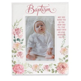 KATE POSH Baptism Picture Frame for Girl, Pink Flowers Decor, Christening, Religisous Gift, From Godparents, New Baby (4x6-Vertical)