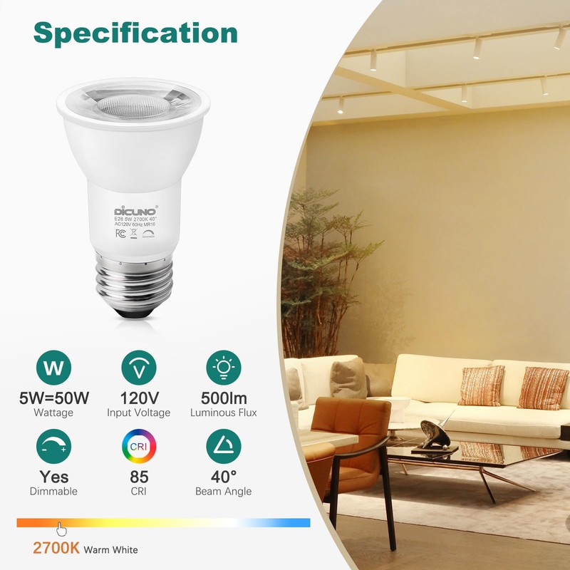 DiCUNO PAR16 LED Bulb Dimmable, 5W Long Neck Spotlight Bulb,
