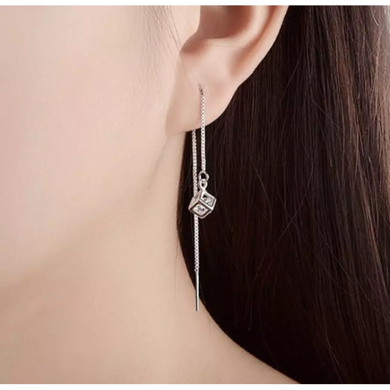 Unbranded 925 Silver Plated Square CZ Ear Chain Thread Pull