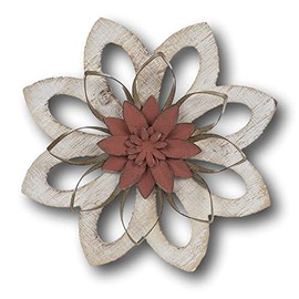 Gerson Large Beautiful Distressed Whitewashed Rustic Red Flower Metal and Wood Wall Decor 10 inches