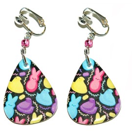 Multi Color Easter Bunny Peeps Teardrop Guitar Pick 2 Sided Clip On Dangle Earrings (GP065clip)