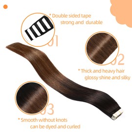 VINBAO Tape In Hair Extensions Human Hair Color 1B Off Black FadIng To 4 Middle Brown 50g 20Pcs 16 Inch Soft Thick End Durable Tape Silky Straight Balayage Hair Extensions(T16Inch, #1BT4)