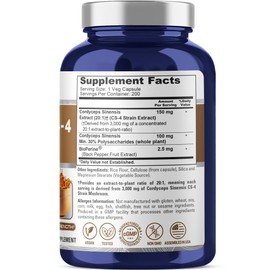 NusaPure Cordyceps 20:1 Extract, 150 mg Equivalent to 3,000mg 200 Veggie Capsules (Sinensis CS-4, Non-GMO, Vegan) Bioperine