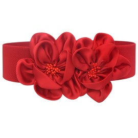Big Fashion Flowers Buckle Adjustable Elastic Wide Waist Belt Women Girls, Red, One Size