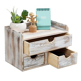 Rustic Distressed white 3-Tier Wood Desk Organizer with 3 Drawers Mini Desk Storage Shelf For Desk, Toiletries Vanity Office Supplies (Vintage white)