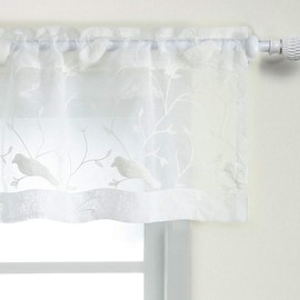 VOGOL Bird Embroidered Kitchen Valances, White Sheer Light Filtering Curtains Valance for Bathroom Windows, Short Soft Touch Window Curtain Panels for Cafe Office Dorm Room, 1 Piece, 60Wx14L