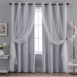 Anytime Home Curtains Blackout and Sheer Layered Solid Window Curtain Panel Pair with Grommet Top, 52Wx84L,Greyish White