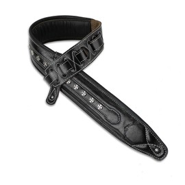 Walker & Williams C-35-BLK Smooth Texture Premium Black Full Grain Leather Soft Padded Guitar Strap with Metal Crosses For Acoustic, Electric, And Bass Guitars