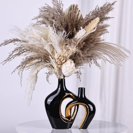 Juego de 2 jarrones de cerámica huecos en negro y dorado, estilo nórdico moderno bohemio ins estético decorativo para decoración del hogar, boda, sala de estar, dormitorio, mesa de comedor, estante