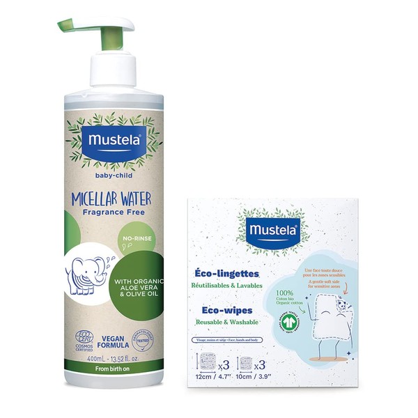 Mustela Certified Organic Micellar Cleansing Water & Reusable 100% Cotton Eco-Wipes Bundle - For Makeup Removal or Baby Quick Cleanups