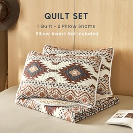 Wake In Cloud - Western Quilt Set, Southwestern Aztec Country Style with Rustic Ranch Vibe, Reversible Lightweight Bedspread Coverlet, 3 Pieces, Beige Brown, King Size