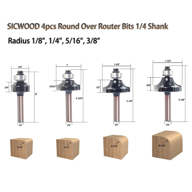 4pcs Round Over Router Bits 1/4 Shank by SICWOOD -
