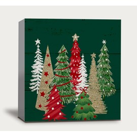 ULEGIE Funny Christmas Trees Wooden Box Sign Plaque, Christmas Decorations for Bedroom, Merry Christmas Wood Box Sign Rustic Art Home Shelf Desk Decor 5 x 5 Inches