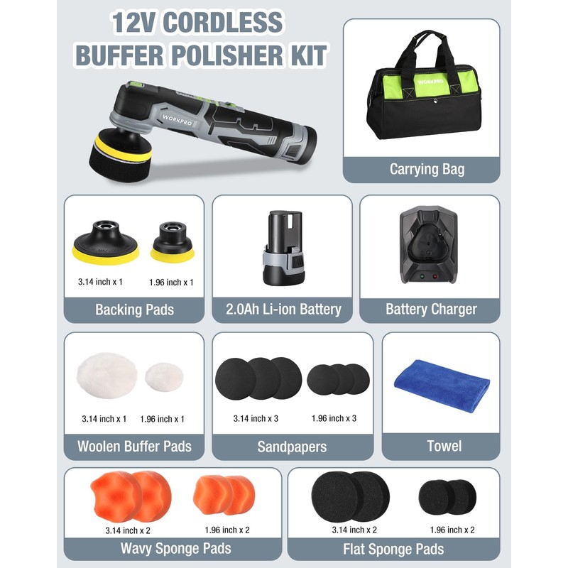 WORKPRO Cordless Mini Buffer Polisher, 12V Buffer Polisher for Car