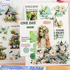 MAFELOE PET Aesthetic Sticker Book of 10 Pages, Decorative Scrapbook Art Supplies for Bullet Journaling Planner Album Calendars-Romantic Season Series-Green (M4-P-LMSJ)