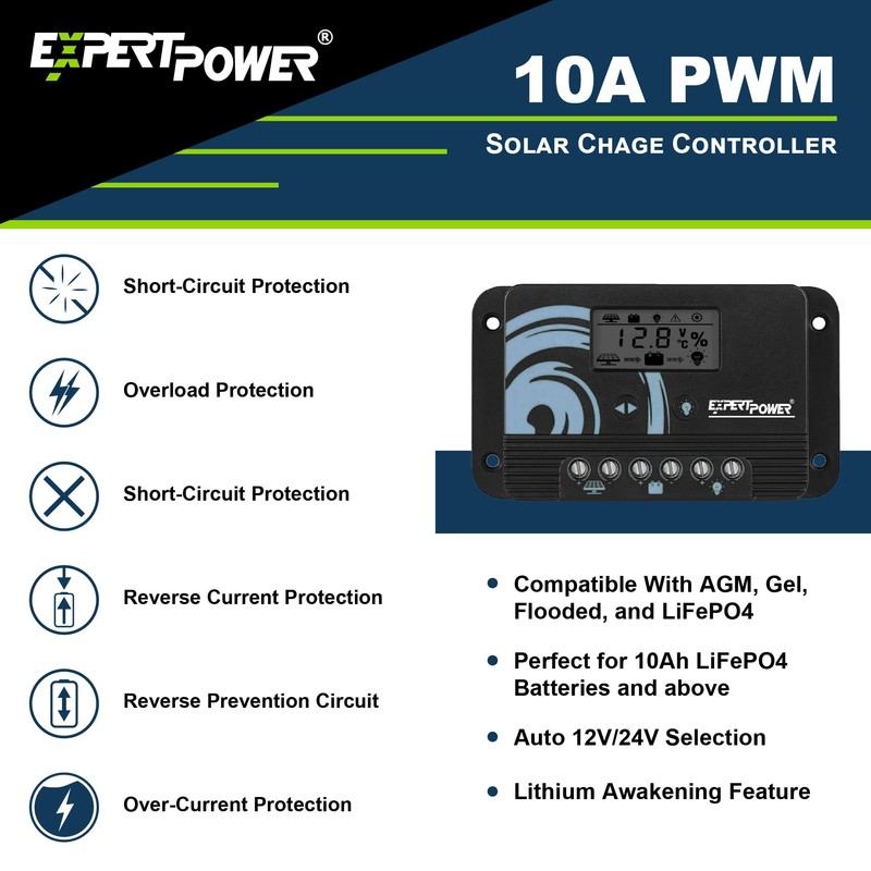 ExpertPower 10A PWM Solar Charge Controller Kit for LiFePO4, AGM,