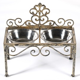 Elevated Dog Bowls for Large Dogs, Metal Raised Dog Feeder, Lifted Dog Dish Stand with Double Stainless Steel Bowls for Food and Water, Antique Gold Finish Tall Dog Bowl Stand - Height 8.78"