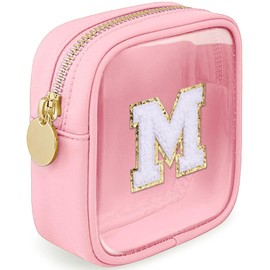 LOFOWN Initial Clear Makeup Bag Small Cosmetic Bag Travel Toiletry Bag Clear Zipper Pouch Purse Organizer Bags for Women, Pink, M, Initial Small Makeup Bag