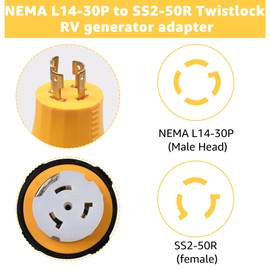 Hodeoo RV Generator Adapter NEMA L14-30P to SS2-50R Twist Lock, 125/250V 30A 4 Prong Twist Lock Generator L14-30P Male to 50A Marine Shore Power SS2-50R Female