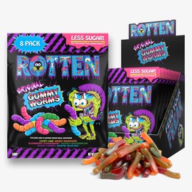 Rotten Original Gummy Worms - 60% Less Sugar, Gluten-Free - Lime, Orange, Strawberry, Watermelon, Cherry and Blue Raspberry Candy - 1.8 oz - 8-Pack
