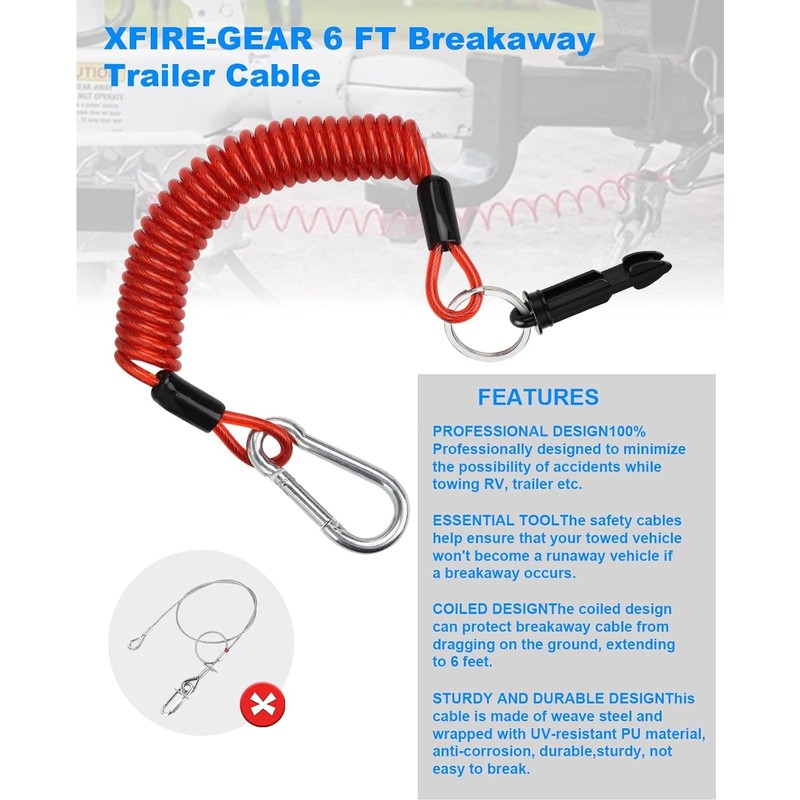XFIRE-GEAR 【Update 6FT Trailer Brake Away Cable, Trailer Breakaway Safety