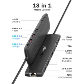 Lemorele 13 in 1 Laptop USB C Docking Station Dual Monitor Multiport Adapter HDMI Dock Triple Display with 2HDMI,VGA,2 10Gbps USB 3.1/2.0,USB C 3.1,PD,RJ45,SD/TF,3.5MM for HP,Surface,MacBook Laptops