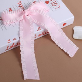Light Pink Ruffle Ribbon Hair Bow Clips with Long Tail for Women Girls Big Stylish Satin Ponytail Holder Decor Accessories Slides Metal Clips Hair Bow for Any Occasion 5.5in