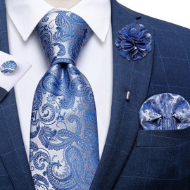 DiBanGu Men's Paisley Tie Light Blue Silk Tie and Lapel Pin Brooch Set Woven Pocket Square Wedding Formal with Cufflinks