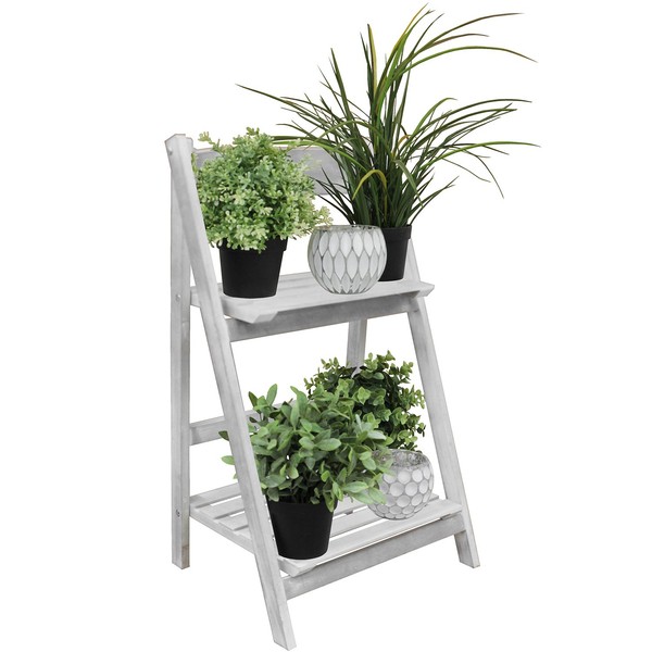 2 Tier Rustic White Wash Graden Shelf Folding Wooden Etagere