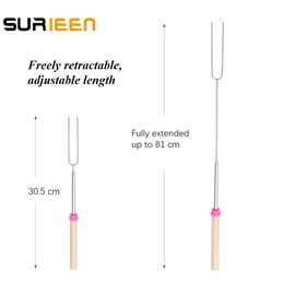 Surieen Barbecue Skewers, Barbecue Fork Skewers, Telescopic BBQ Stainless Steel Stick Bread Skewers with Wooden Handle, Marshmallow Skewers, Campfire Skewers, Barbecue Stick, Barbecue Cutlery Set for