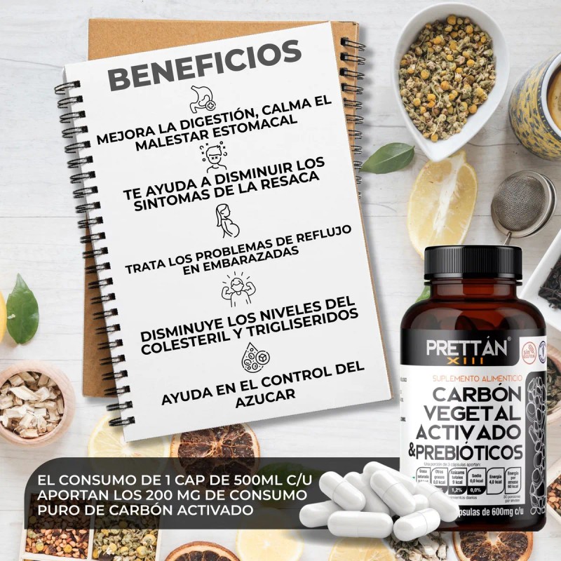 Carbon Vegetal Activado Prebioticos 90 Caps 600mg Sin Sabor