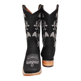 Women’s Square Toe Cowgirl Cowboy Boot Embroidered Floral Roses Western Boots Black (9.5,White Rose)