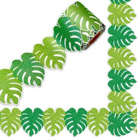 Whaline 32.8Ft Palm Leaf Bulletin Board Border Glitter Green Tropical Leaves Die Cut Trim Border Roll for Summer Classroom Chalkboard?Wall Decor
