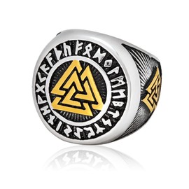Gungneer 18K Gold Plated Viking Valknut Ring Rune Letter Circle Stainless Steel Norse Ring for Men Women Protection Jewelry