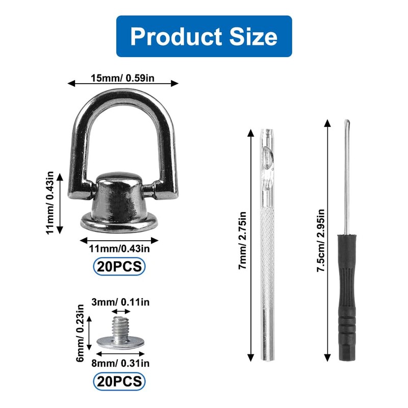 Pack of 20 D Ring Stud Screw Head with Screw,