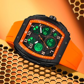 Watches for Men Unique Rectangle Relojes para Hombres Orange Wristwatch with Digital Analog Dual Time Display Countdown Stopwatch Punk Cool Design 5ATM Waterproof