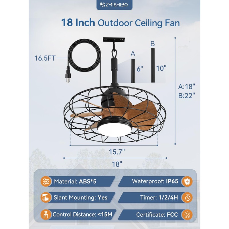 ZMISHIBO Outdoor Ceiling Fans with Lights for Patios, Plug in