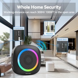 TECKNET Wireless Door Open Sensor Alarm Chime, 1000ft Operating Range 60 Chimes Volume with Mute Mode Led Indicators 1 Plug-in Receiver and 3 Magnetic Door Alarm Sensor for Home Store Security-Black