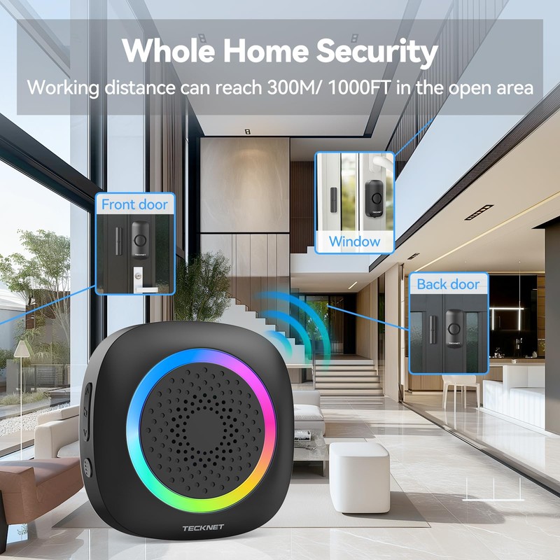 TECKNET Wireless Door Open Sensor Alarm Chime, 1000ft Operating Range
