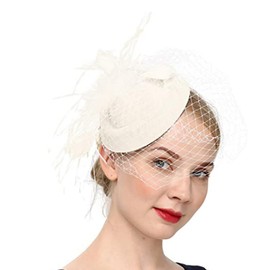 Jovono 20s Flower Feather Headband Lace Veil Fascinator Hat Bridal Cocktail Tea Party Headpiece for Women (White), White