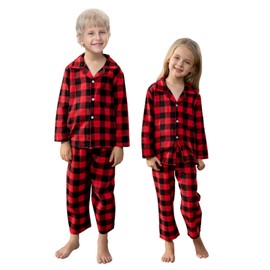 Schbbbta Kids Button Down Sleepwear Pjs Boys & Girls 2 Piece Plaid Pajama Set, Red Black, 13-14 Years = Tag 170