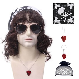 MEDISIFA Brown 80s Afro Mens Wig with Bangs with Bandana+Necklace+Keyring Long Curly Men Wigs for Man Male Hippie Rocking 80s Them Party Cosplay Costume Heat Resistant Synthetic Hair 80s Rocker Wig