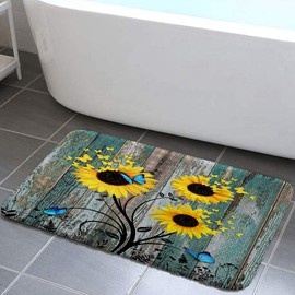 Grtuspr Sunflower Bath Rug, Teal Blue Butterfly on Vintage Rustic Plants Country Wood Bath Rug, Farmhouse Funny Butterfly Waterproof Non Slip Bathroom Rug, Bathroom Decor 17X29 Inch