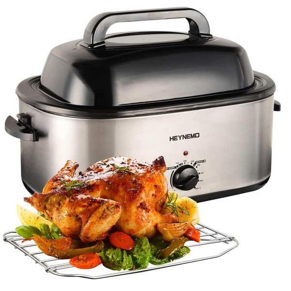 24 Quart Electric Roaster Oven, Turkey Roaster with Viewing Lid, Large Stainless Steel Roaster Oven Silver