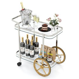 Giantex 2-Tier Bar Cart, Stylish Rolling Serving Cart w/Tempered Glass Shelves, 2 Large Aluminum Front Wheels, Stainless Steel Frame, Mobile Storage Shelf, Home Trolley Cart for Kitchen, Dining Room