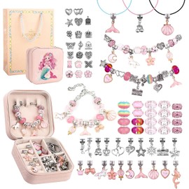 Kit para hacer pulseras con dijes para niñas, 66 piezas de joyería con Con joyero y bolsa de regalo, kit de joyería de regalo para niñas adolescentes, regalos perfectos para niñas de 5 a 12 años (rosa)