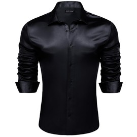 Barry.Wang Mens Black Silk Satin Dress Shirts Shiny Luxury Long Sleeve Button Down Shirts Formal Casual Disco Wedding